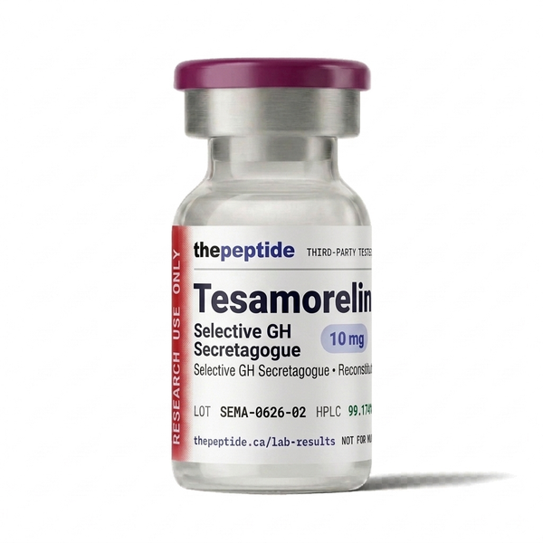ThePeptide Tesamorelin 10mg research peptide vial — stabilised GHRH(1-44) analogue, lot CS-te10-0616 assayed at 99.174% by Janoshik Analytical, ships from British Columbia, research use only