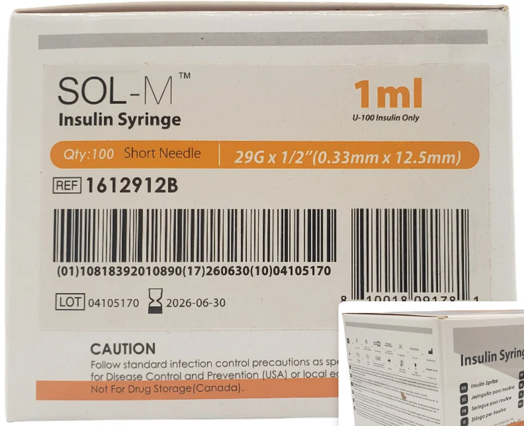 Individually wrapped sterile insulin syringes 1mL 29G 10-pack — peptide reconstitution and research laboratory supplies, ThePeptide.ca Canada