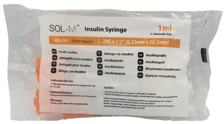 Sol-M 29G half-inch ultra-fine needle insulin syringe close-up — medical-grade research injection supplies, ThePeptide.ca Canada