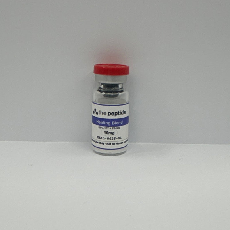 BPC/TB Healing Blend raw lab sample vial (lot HEAL-0626-01) photographed at Testides during third-party testing