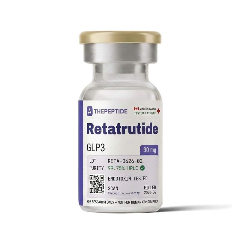 thepeptide Retatrutide 30mg research peptide vial — 30 mg lyophilized triple agonist GLP-1/GIP/glucagon powder, blind-tested at 99.751% purity, shipped from Canada, for research use only