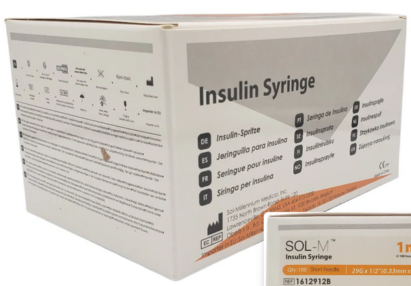 Insulin Syringes 10-Pack 1mL 29G — sterile individually wrapped Sol-M laboratory syringes for peptide research, ThePeptide.ca Canada