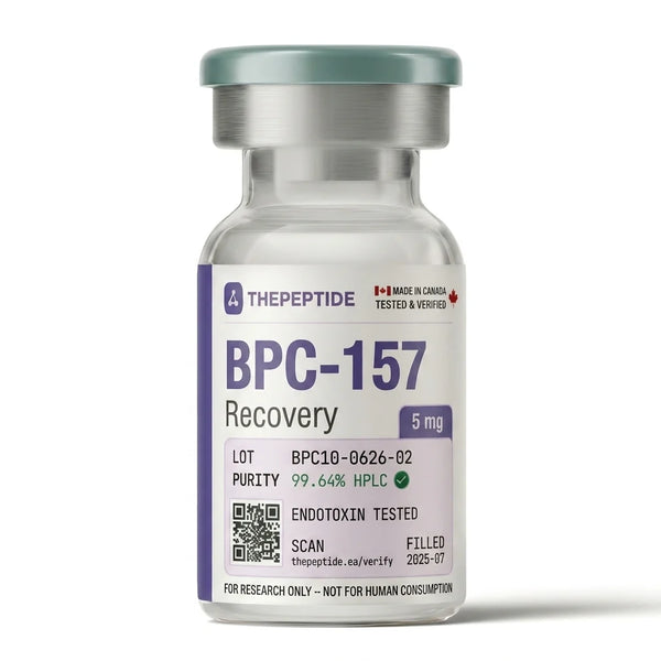 thepeptide BPC-157 10mg research peptide vial with teal cap — lot BPC10-0626-02, 99.64% HPLC verified purity, made in Canada, for research use only