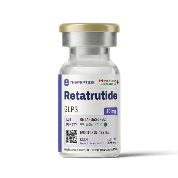 thepeptide Retatrutide 10mg research peptide vial — triple agonist GLP-1/GIP/glucagon, third-party HPLC tested, made in Canada, for research use only