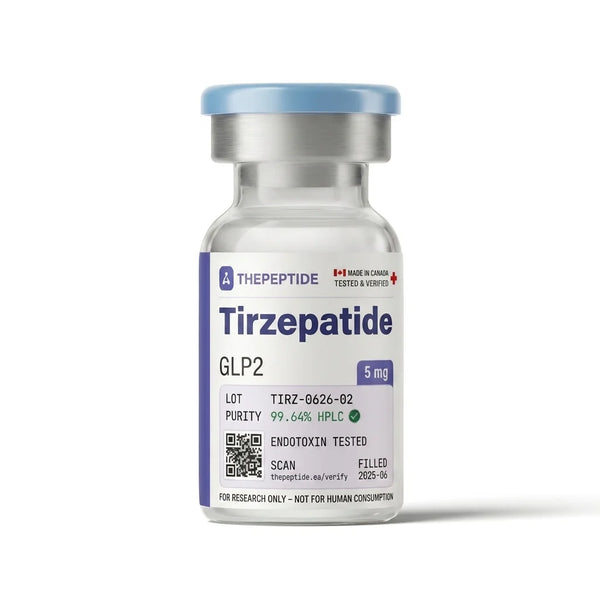 thepeptide Tirzepatide 5mg research peptide vial — dual GIP/GLP-1 receptor agonist, lab verified, made in Canada, for research use only